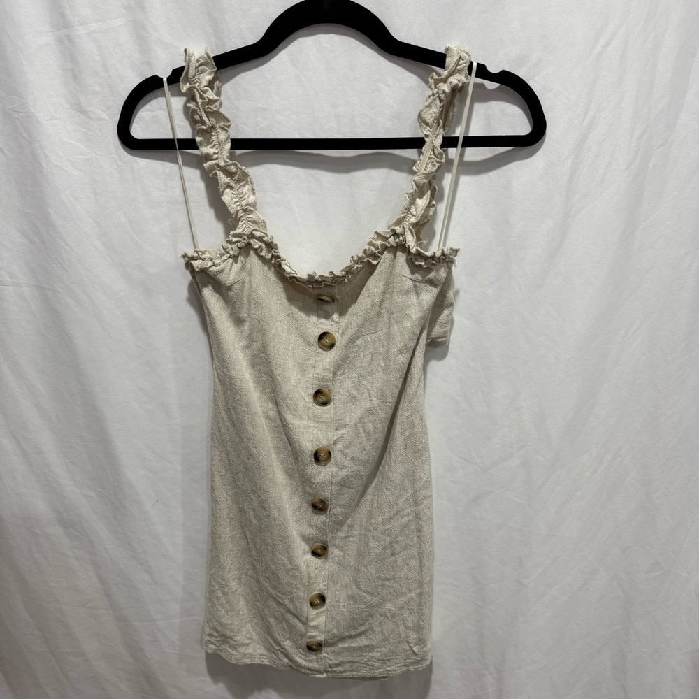 Skylar + Madison Linen Blend Button Front Mini Dress S Ruffle Strap Cutout Back